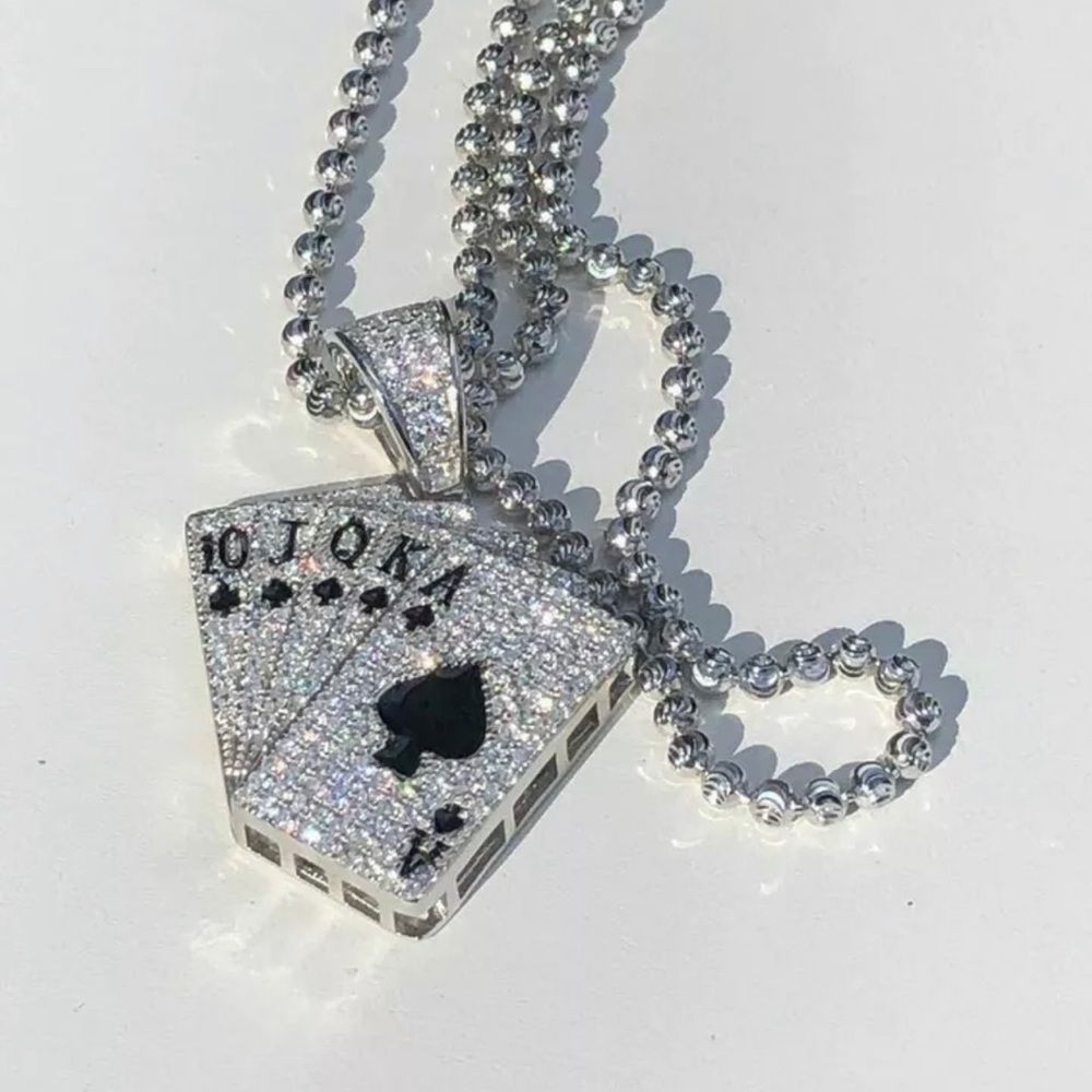Solid 925 Sterling Silver Cards Deck Royal Flush Ace of Spades Diamond Pendant